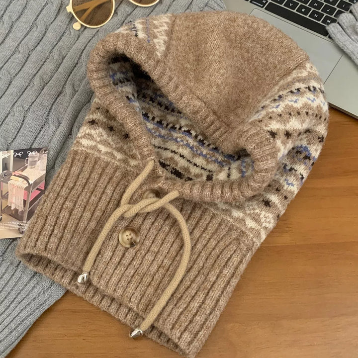 Khaki Fair isle knit balaclava hood with drawstring tie