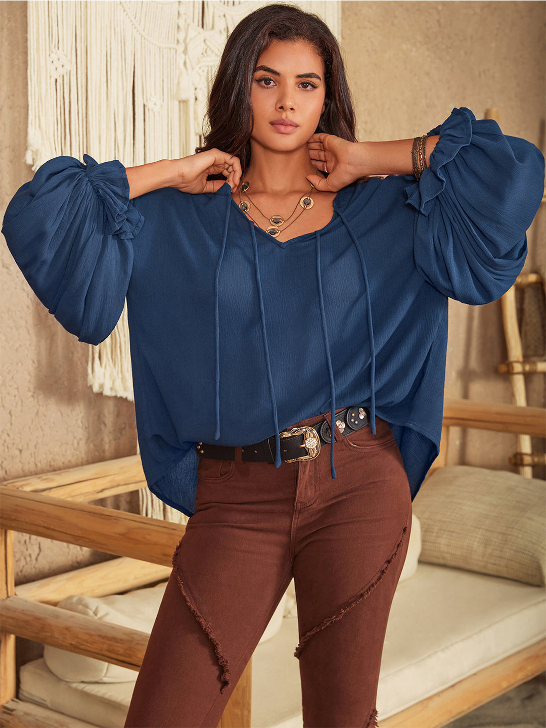 Tie neck balloon sleeve blouse with split V-neck