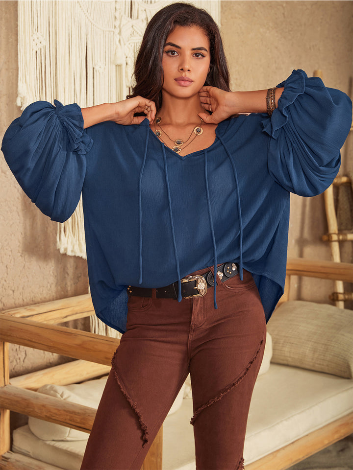 Tie neck balloon sleeve blouse with split V-neck