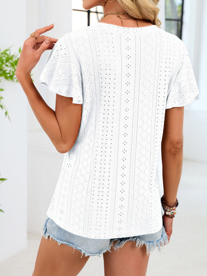 Eyelet flutter sleeve V-neck top with ruched neckline