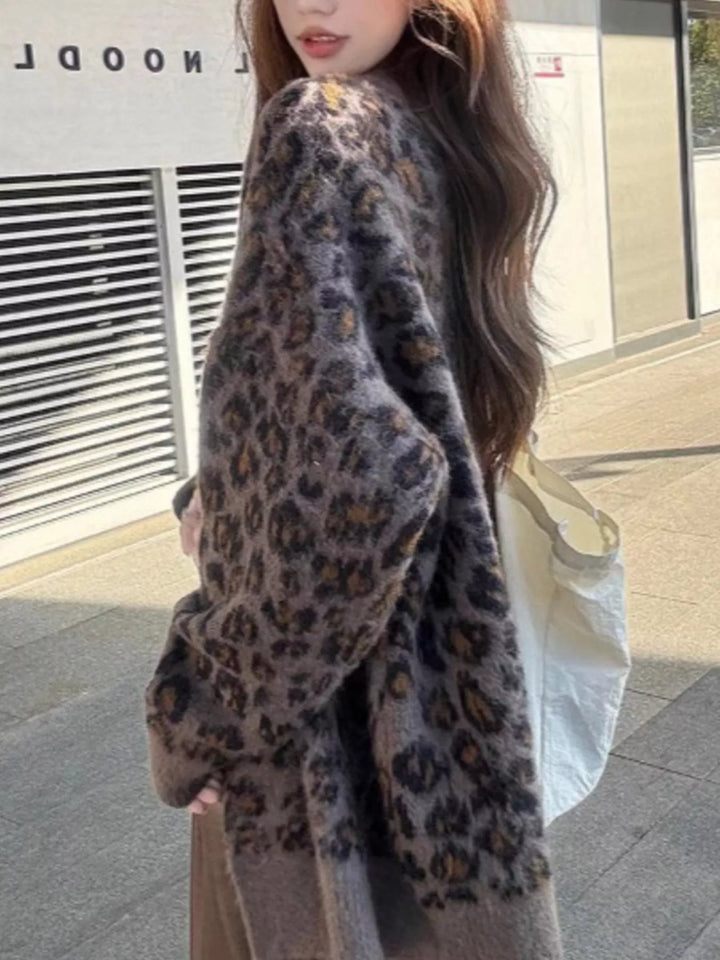 Oversized leopard print button-up knit cardigan