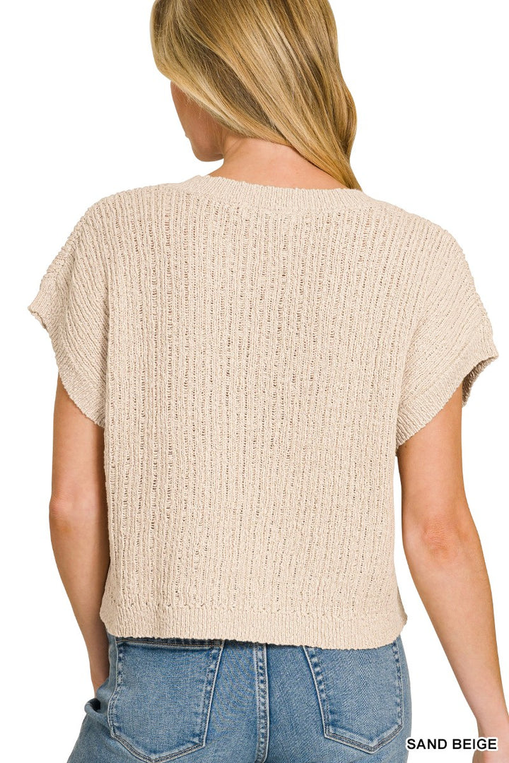 Textured knit cropped V-neck pullover with short sleeves