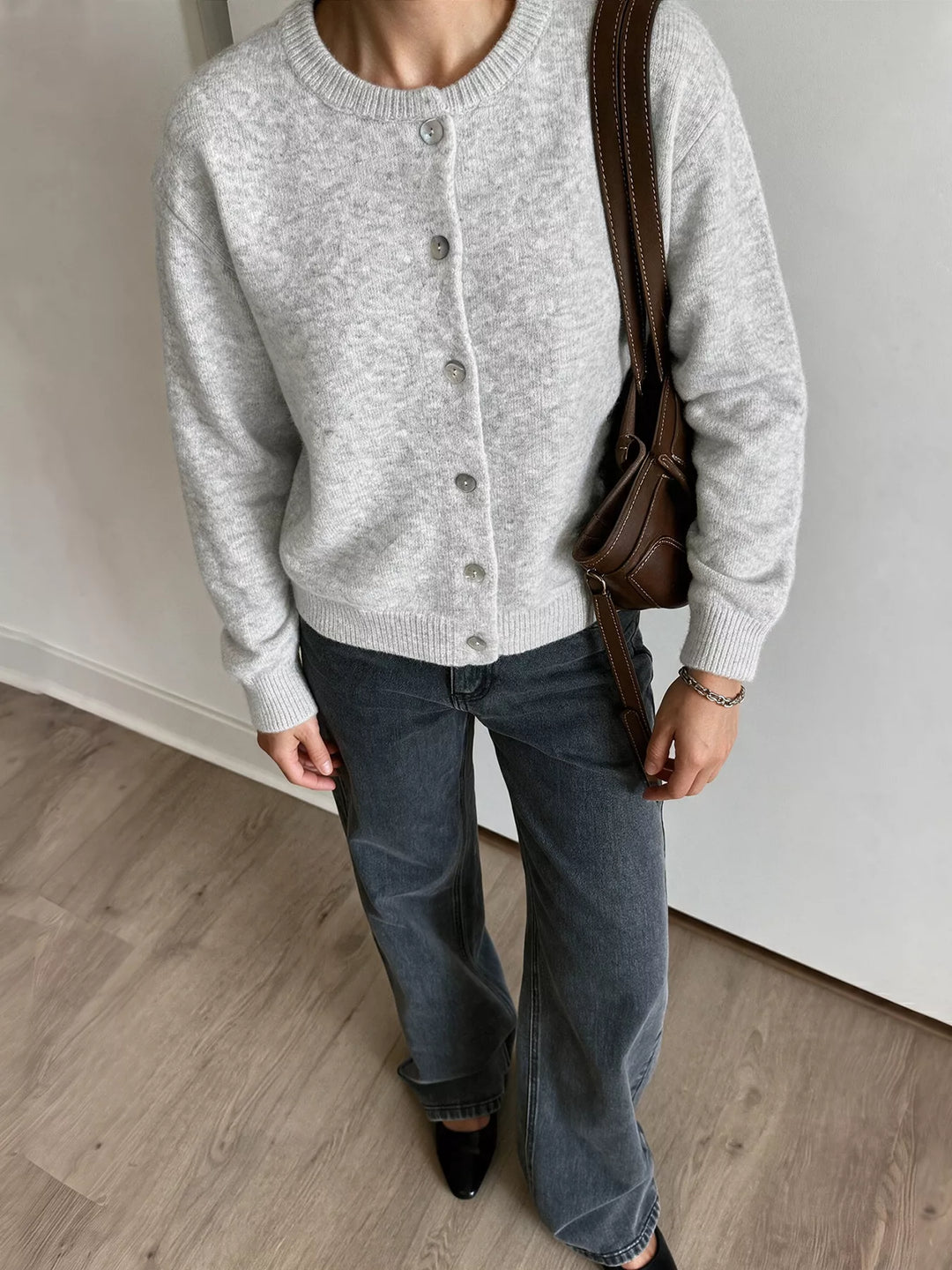 Brushed knit button-down cardigan with ribbed crew neck