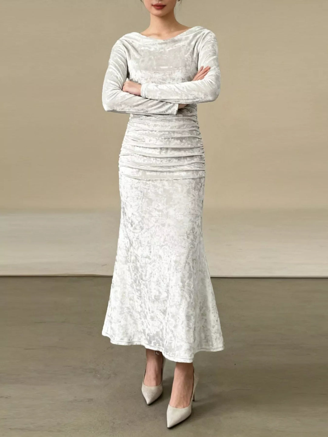 Ruched crushed velvet long sleeve midi dress
