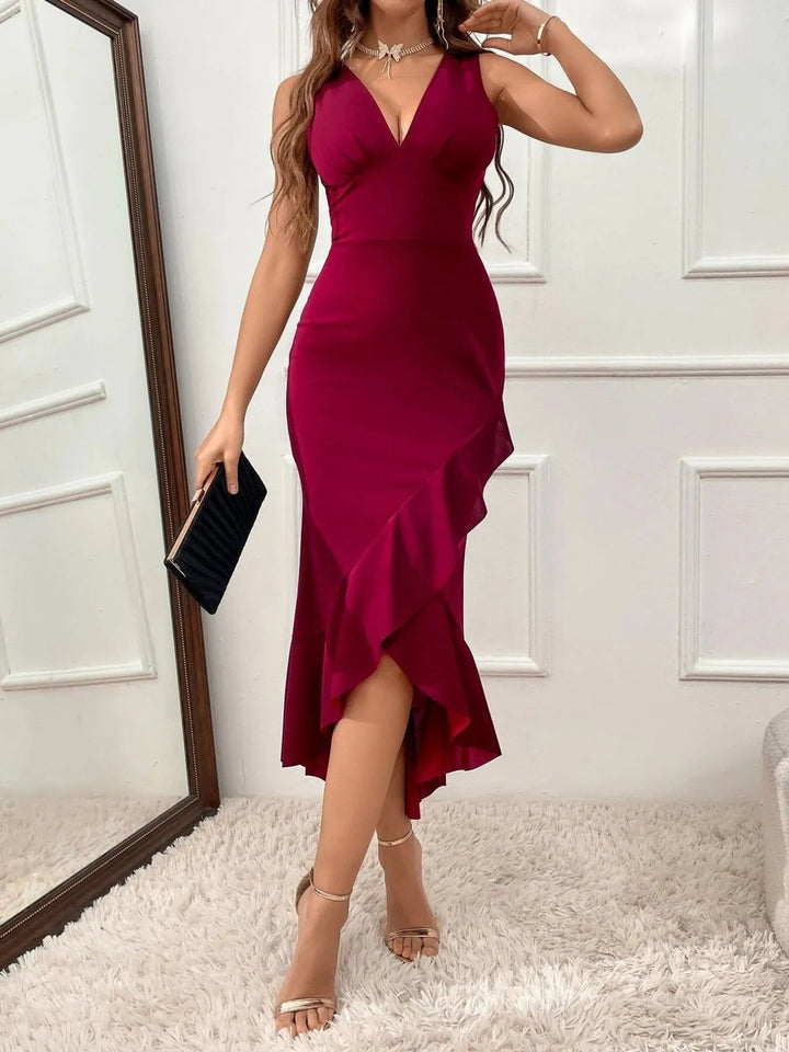 Burgundy Asymmetric ruffle hem v-neck bodycon midi dress