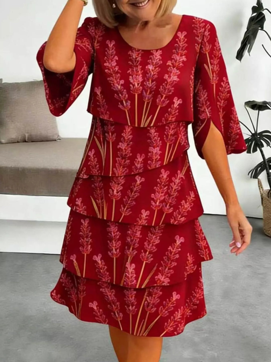 Tiered floral print midi dress with flutter sleeves