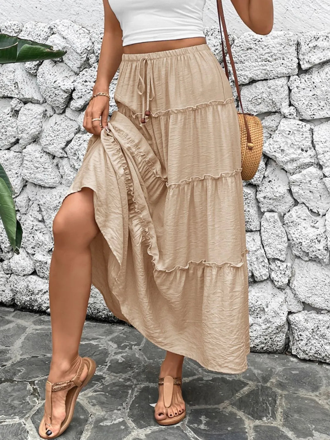 Tiered ruffle maxi skirt with drawstring tie waist