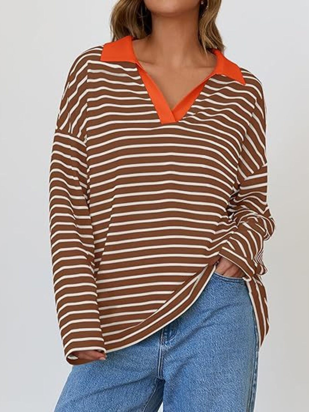 Dark Brown Striped oversized long sleeve top with contrast collar