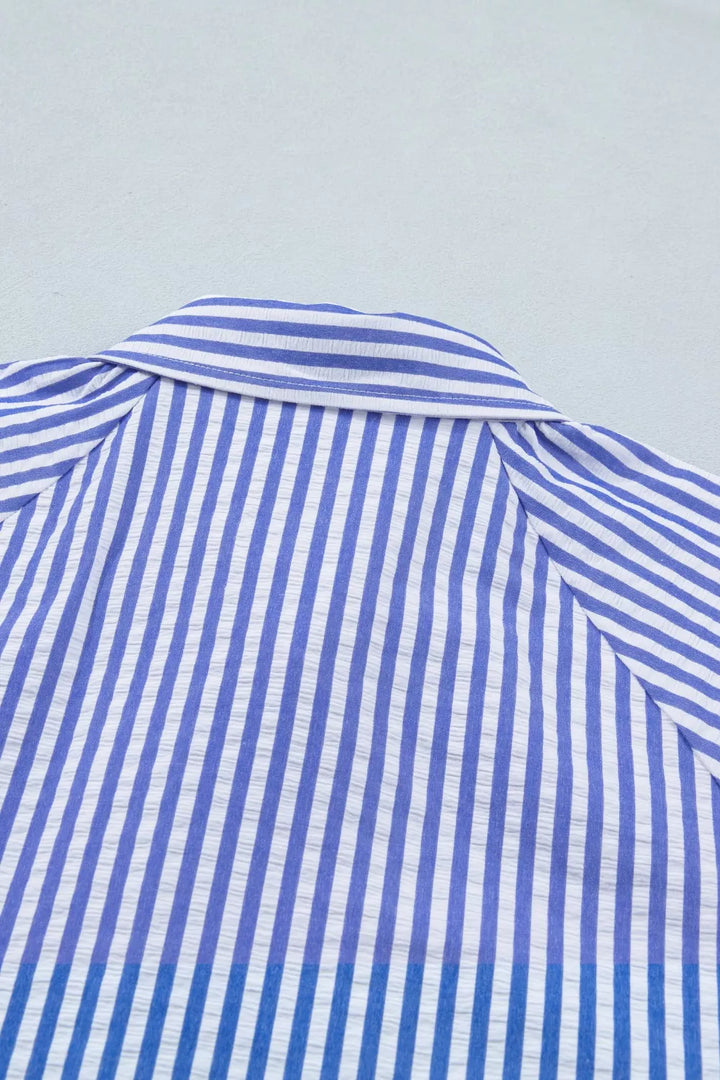Striped floral-embroidered puff sleeve button-down shirt