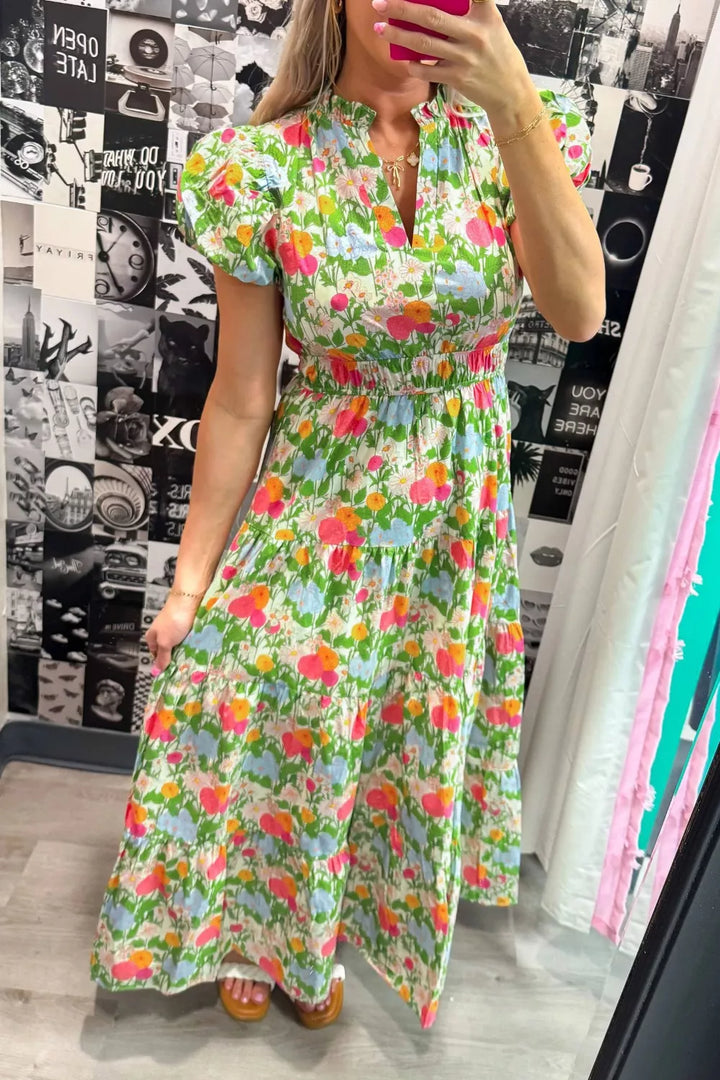 Tiered floral cotton maxi dress with puff sleeves