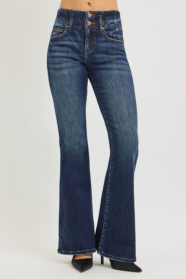 High-rise flare jeans with seam-detail waistband