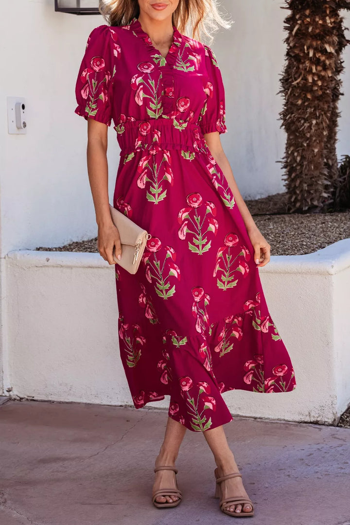 Scarlet Floral print tiered midi dress with puff sleeves