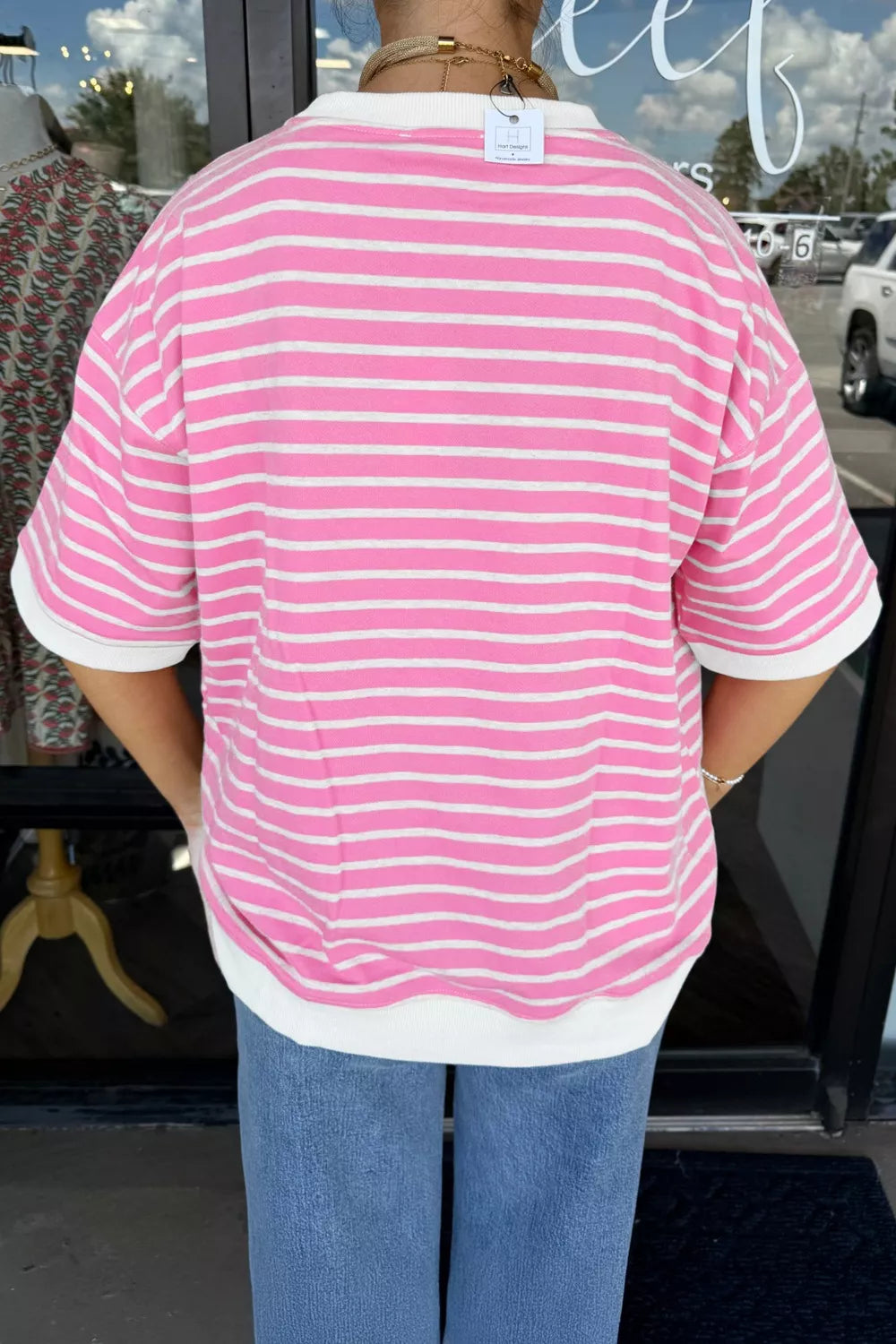 Striped drop-shoulder crew neck loose top with contrast cuffs