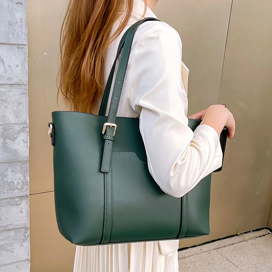 Faux leather tote bag with buckle strap and crossbody strap