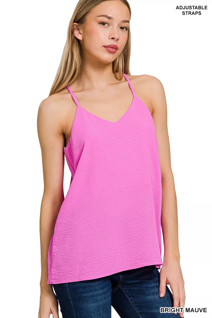 Woven V-neck cami with adjustable spaghetti straps