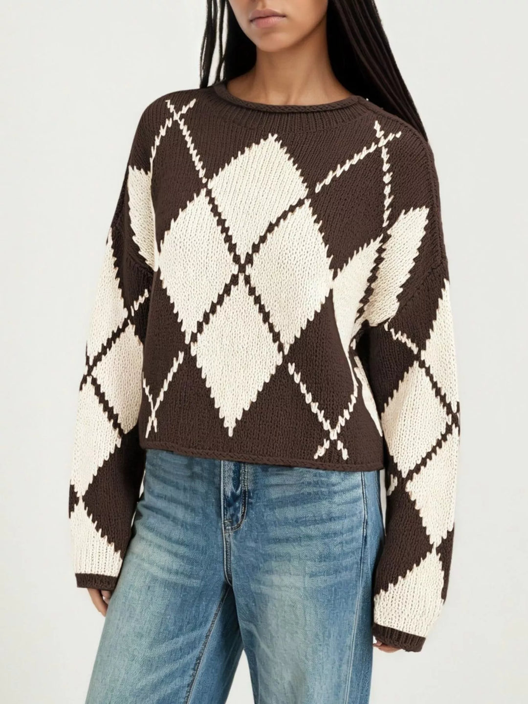 Brown Argyle knit dropped shoulder sweater with ribbed trim