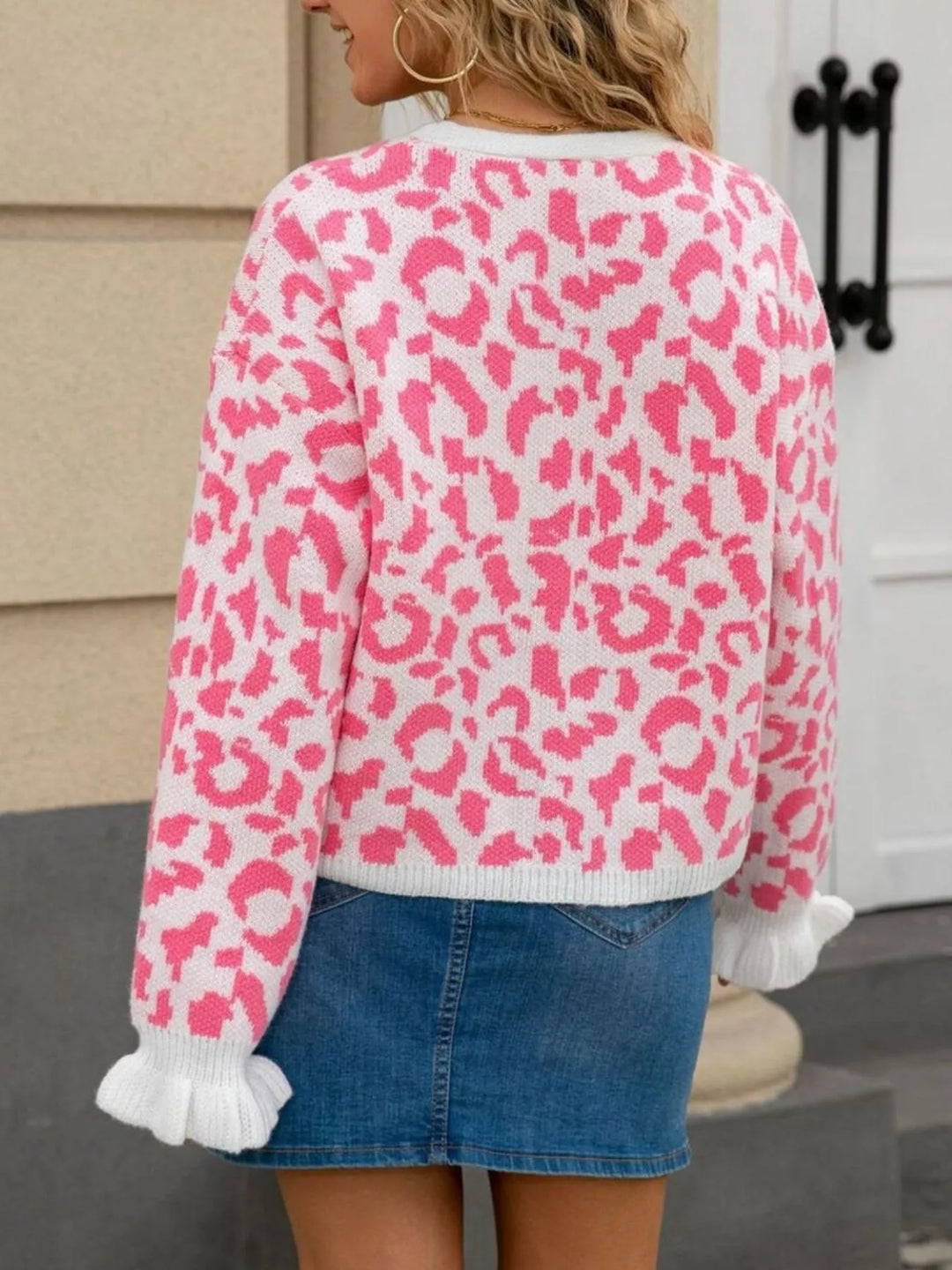 Leopard knit tie-front cardigan with ruffle cuffs