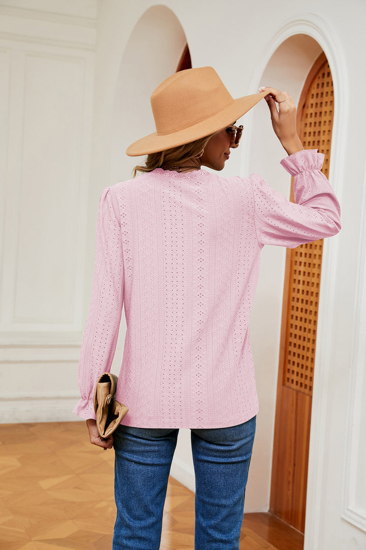 Eyelet V-neck blouse with flounce sleeves and lace trim