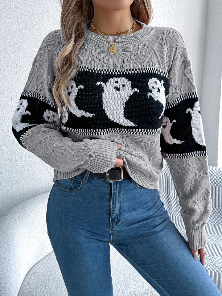 Ghost knit crew neck sweater with cable textured sleeves