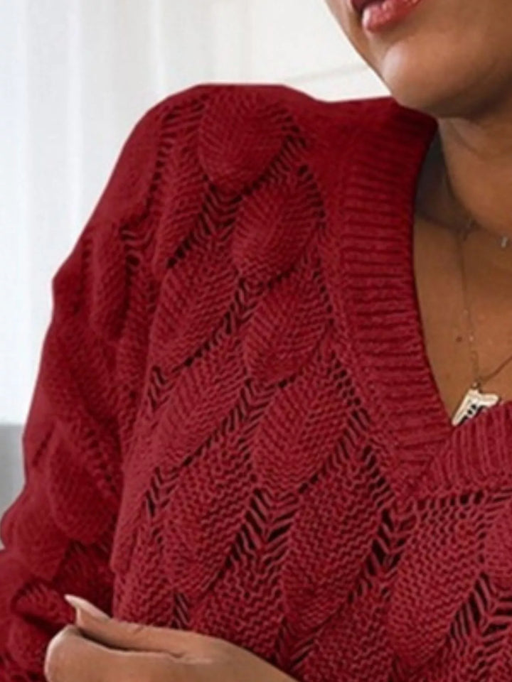 Openwork V-neck knit sweater with scalloped hem