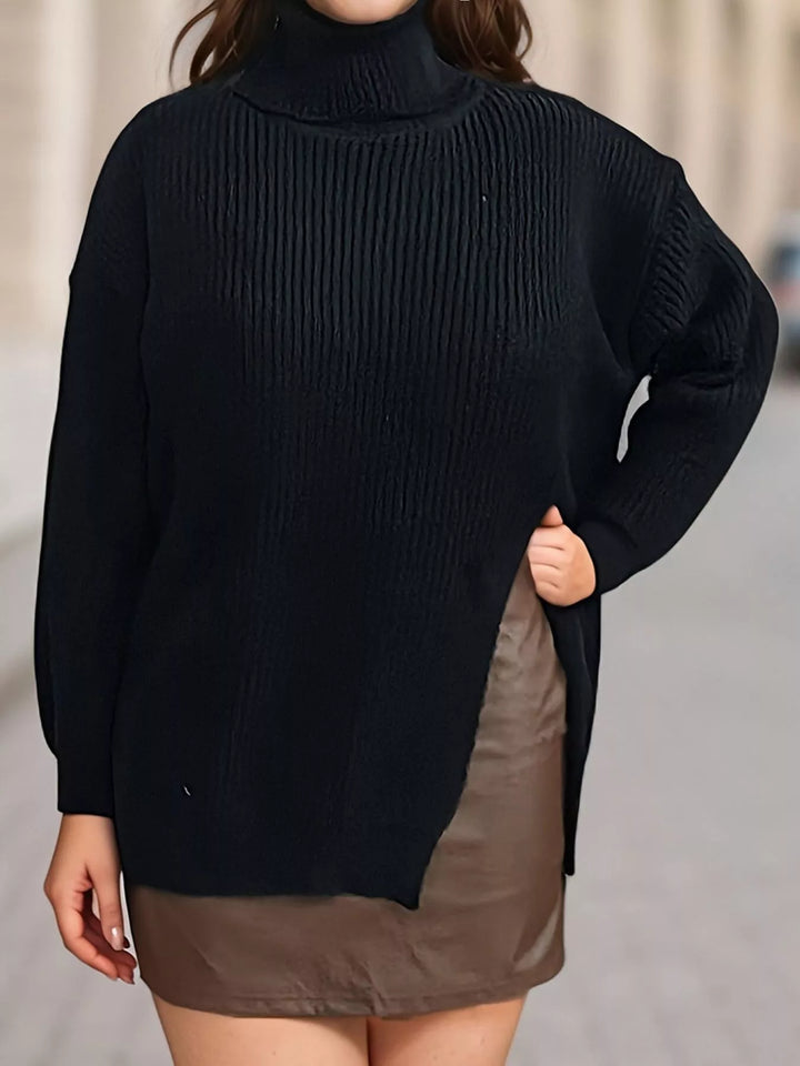 Ribbed turtleneck sweater with side slit and drop shoulders