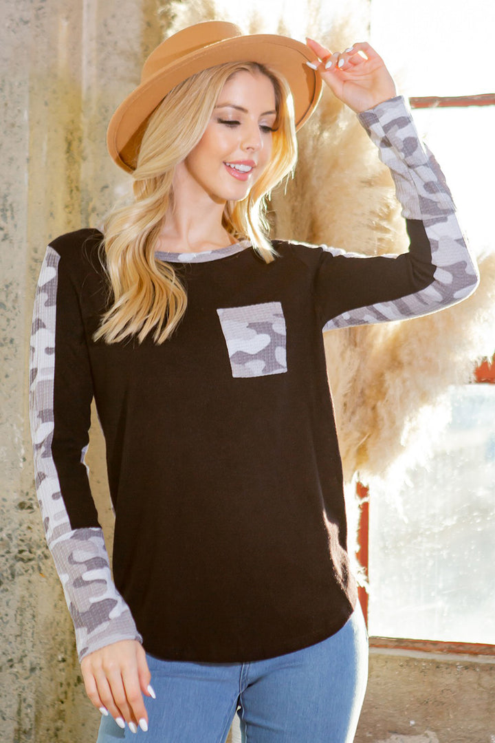 Textured Camo. Print Contrasted Sweater Knit Top - Azoroh