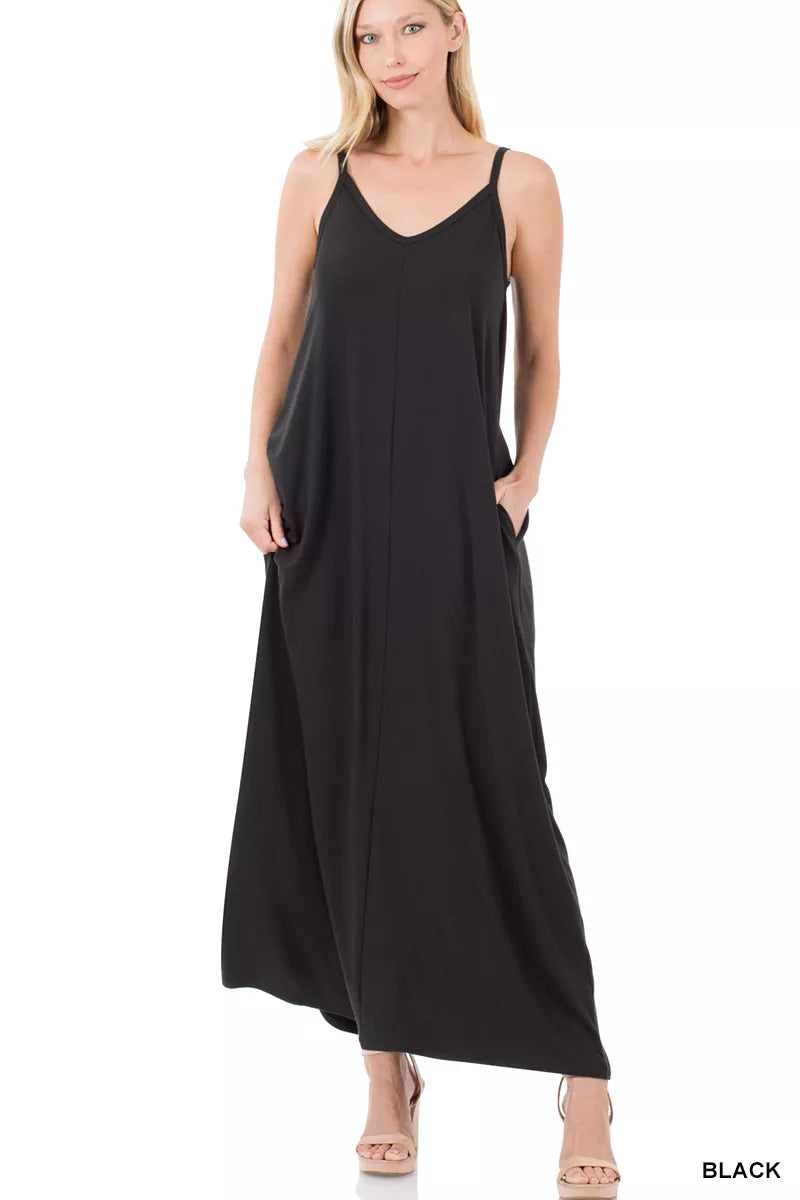 BLACK Flowy v-neck cami maxi dress with side pockets