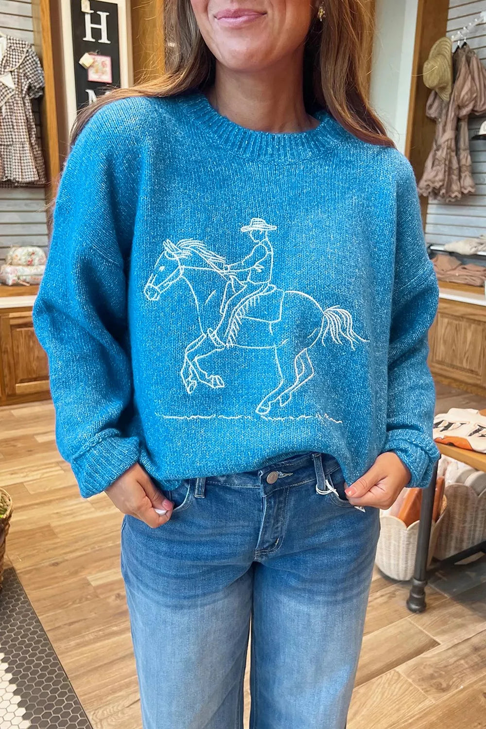 Embroidered bronco rider drop shoulder crewneck sweater