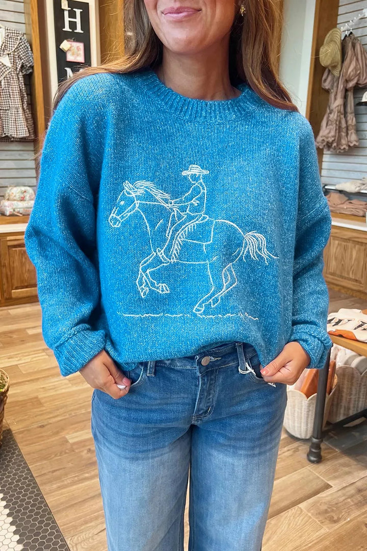 Embroidered bronco rider drop shoulder crewneck sweater