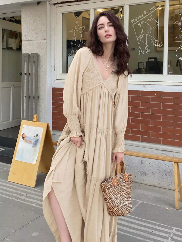 Apricot Smocked v-neck tiered maxi dress with long sleeves