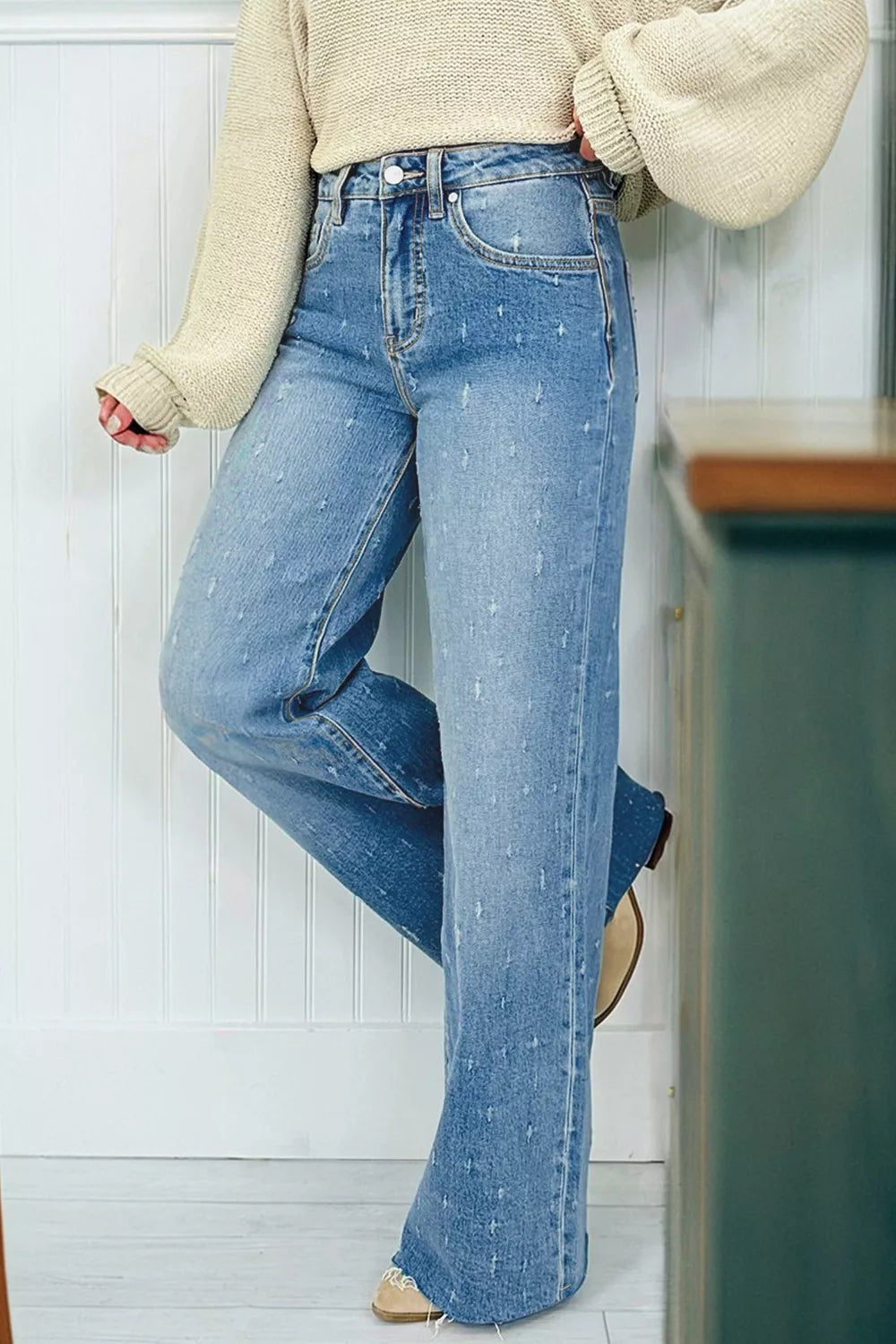 Light Blue Distressed wide-leg jeans with tummy control and raw hem