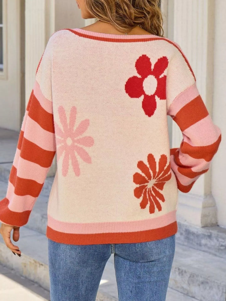 Retro floral knit sweater with striped sleeves