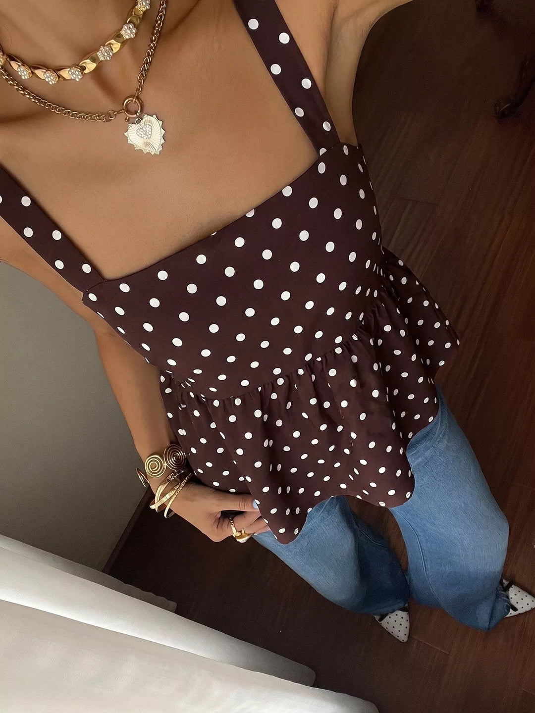 Polka dot square neck peplum cami with tie back
