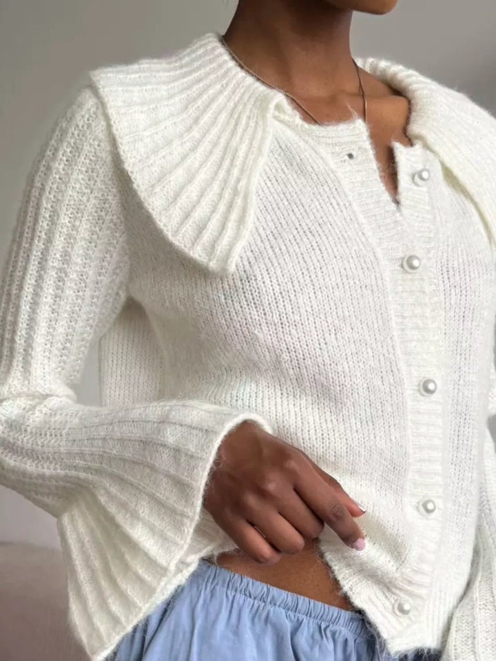 Ribbed knit cardigan with oversized collar and bell sleeves