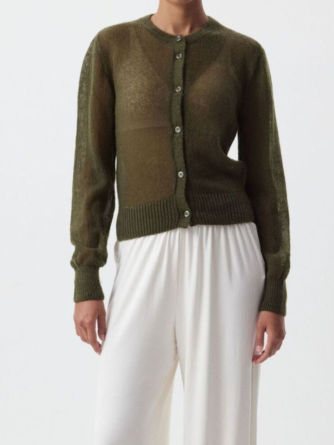 Army Green Sheer open-knit button-front cardigan with long sleeves