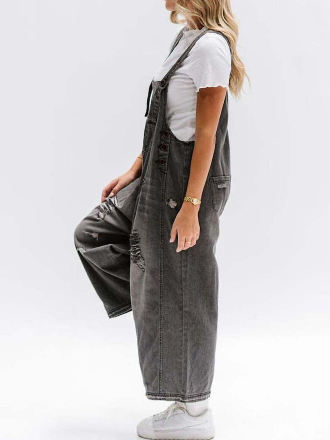Distressed wide leg denim overalls with adjustable straps