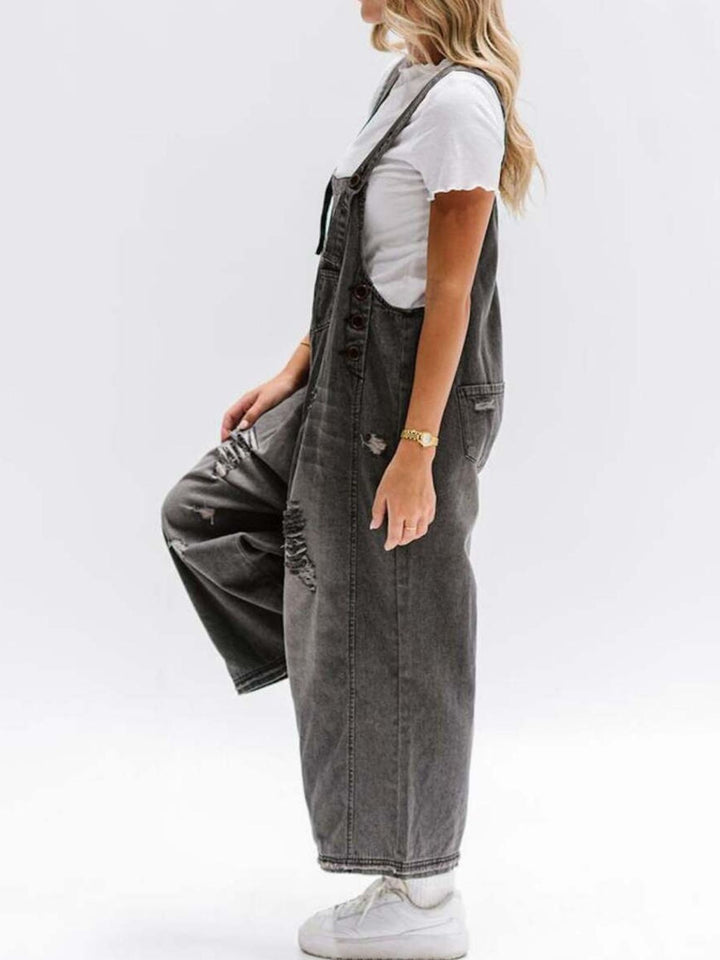 Distressed wide leg denim overalls with adjustable straps