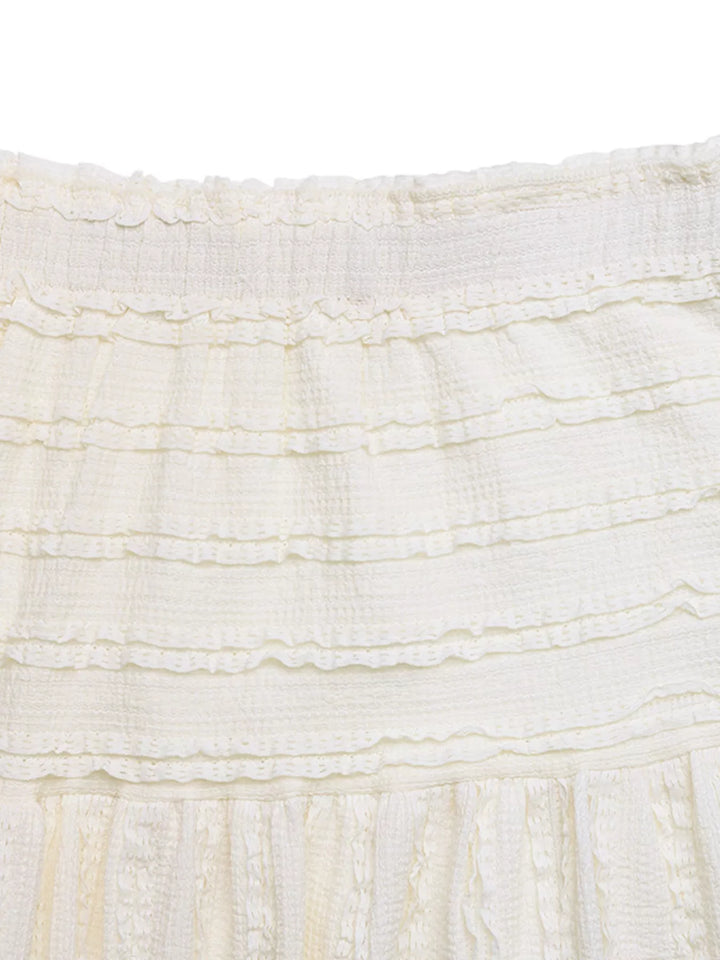 Ruched textured smocked-waist A-line midi skirt