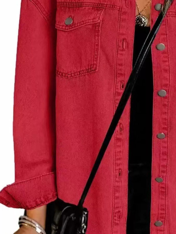 Frayed raw hem button-up denim jacket with flap pockets