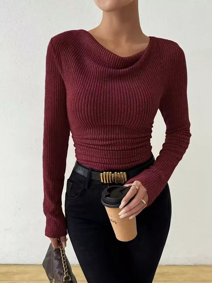 Ruched cowl neck ribbed knit long sleeve top