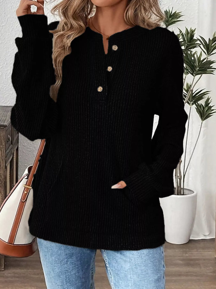 Black Ribbed knit long sleeve henley top with button placket