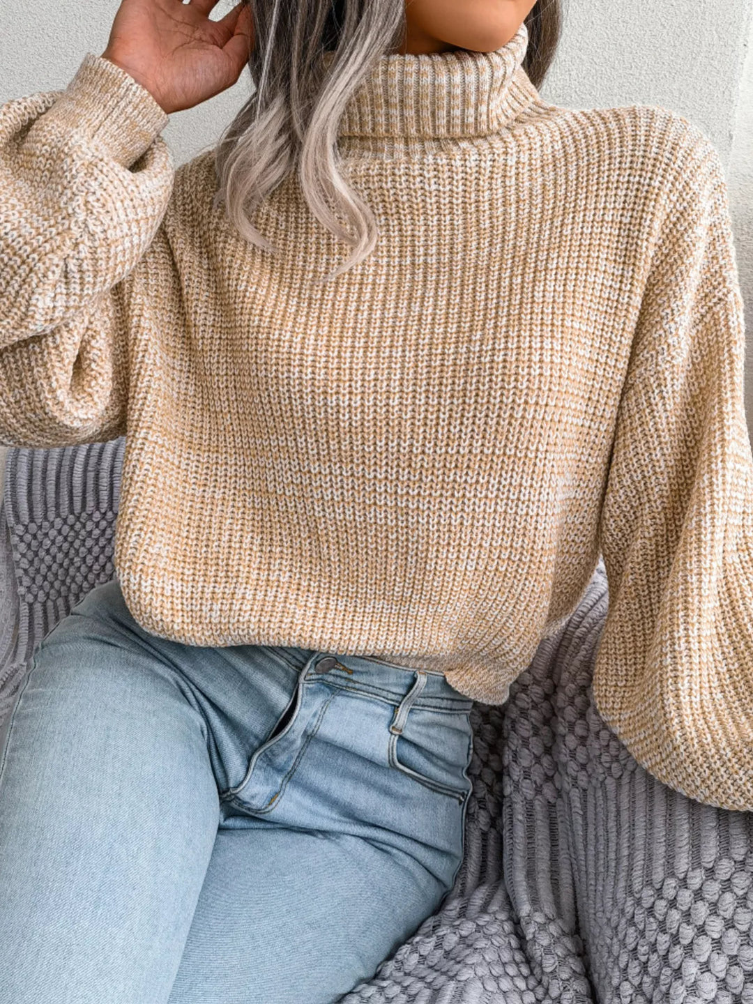 Waffle knit turtleneck sweater with dropped shoulders