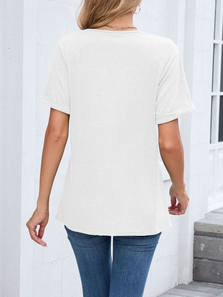 Relaxed V-neck short sleeve tee with rolled cuffs