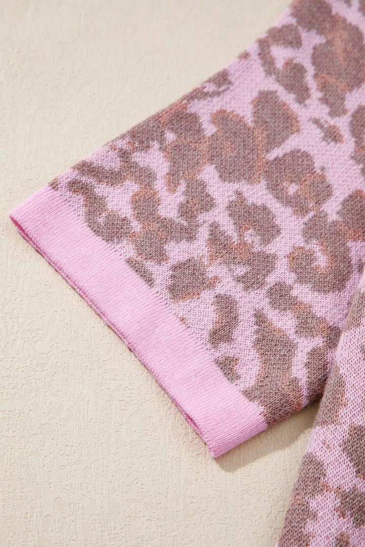 Leopard print short sleeve button-down knit cardigan