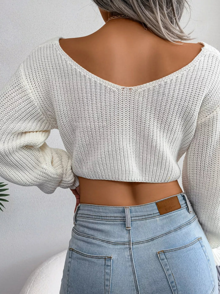 Twist-front ribbed knit cropped sweater