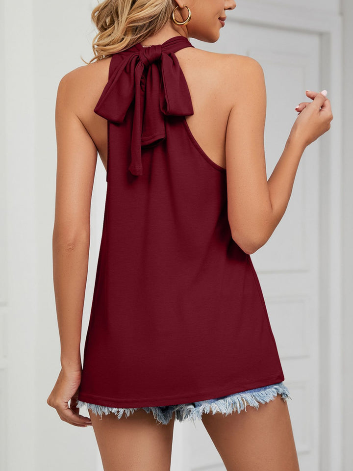 High-neck sleeveless cami with ruched tie-back