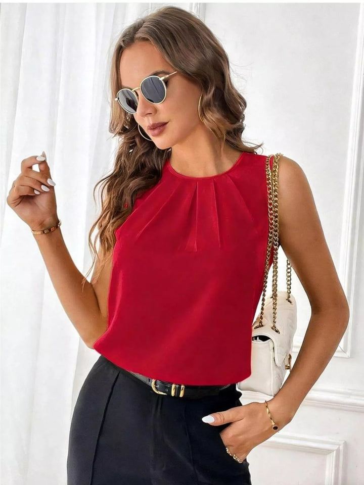 Red Crew neck tank top with pleated neckline