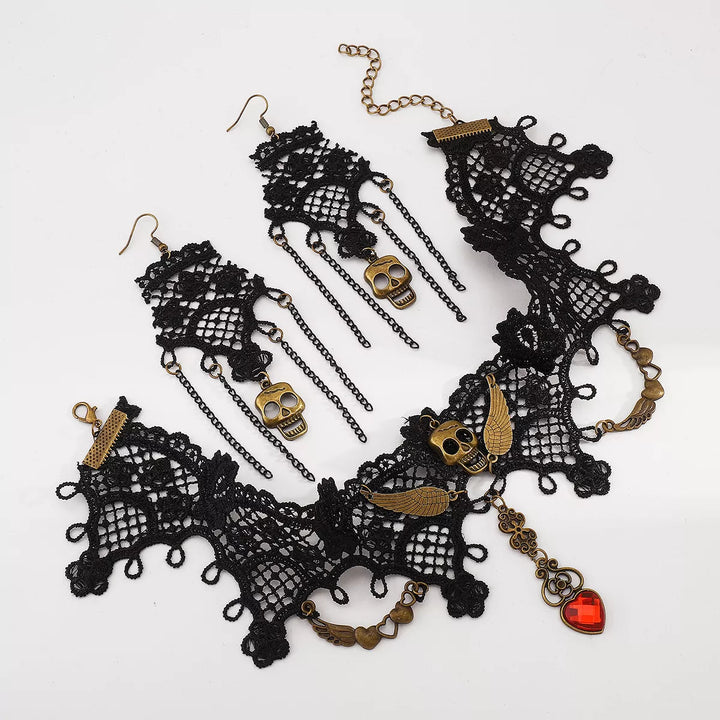 Lace skull choker necklace and drop earrings jewelry set