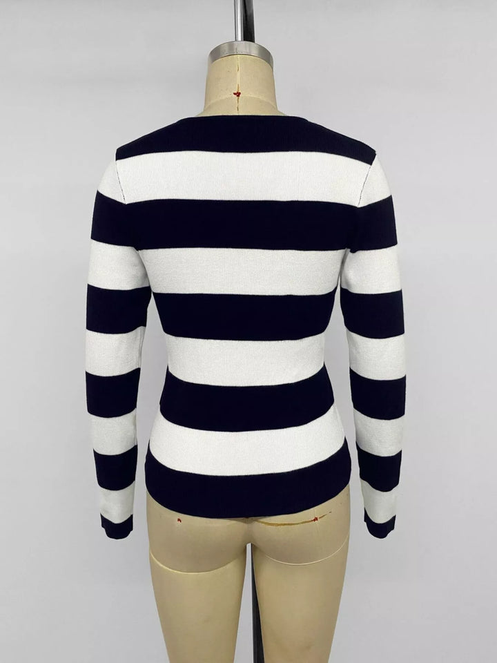 Wide stripe knit cardigan with gold crest buttons