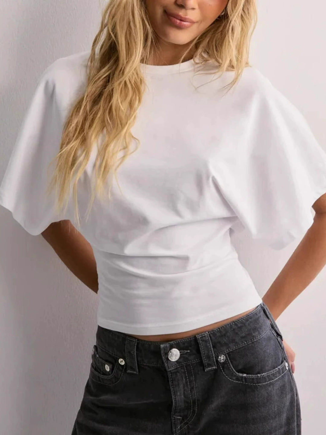 White Batwing sleeve crop top with fitted waist and crew neck